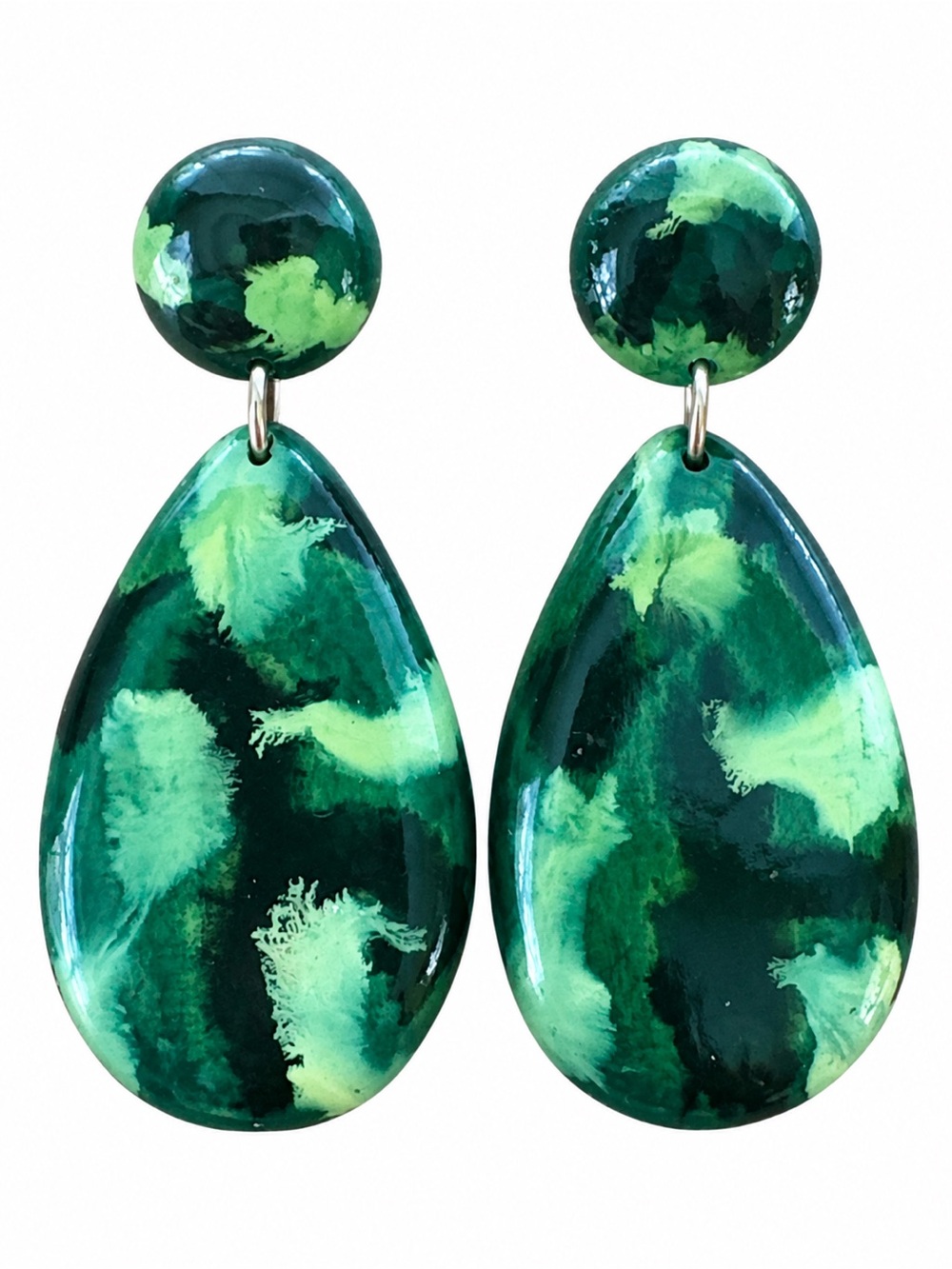 Handmade One of a Kind Green Abstract Dangle Statement Earrings 3โ
